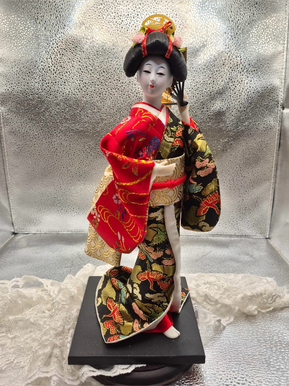 Vintage Geisha Doll Figurine In Kimono with Fan - Traditional Japanese Garb 12in
